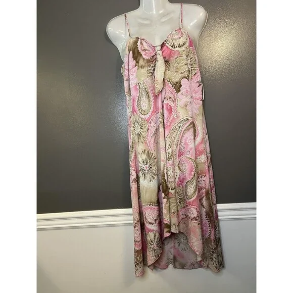 MKM Designs Dress Womens 1X Pink Brown Paisley Spaghetti Strap Bow Made USA - Picture 2 of 12